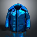Blue Shiny Puffer Jacket With Metallic Finish Collar And Zipper Details
