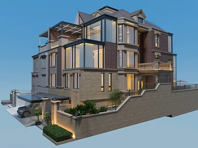 Modern Detached Villa Exterior With Glass Windows Brick Facade Balcony Swimming Pool And Landscaped Garden 3d model