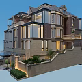 Modern Detached Villa Exterior With Glass Windows Brick Facade Balcony Swimming Pool And Landscaped Garden