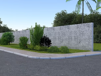 Rural Landscape with Stone Wall Green Plants Bushes and Paved Path Under Blue Sky 3d model