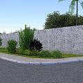 Rural Landscape with Stone Wall Green Plants Bushes and Paved Path Under Blue Sky