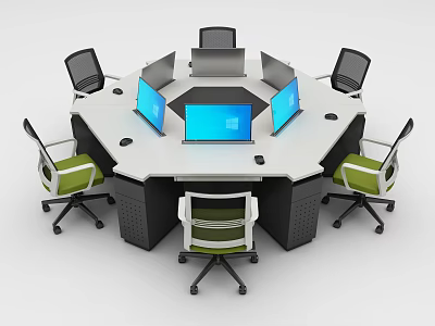 Hexagonal Conference Desk Featuring White Top Black Legs Green Chairs and Blue Screen Computers 3d model