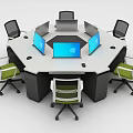 Hexagonal Conference Desk Featuring White Top Black Legs Green Chairs and Blue Screen Computers