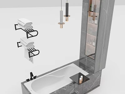 Modern Bathtub In Bathroom Interior With Marble Tiles Glass Shelves Towel Racks And Pendant Lights 3d model