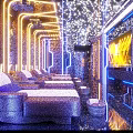 Modern SPA Sauna Interior With Comfortable Bed Decorative Plants TV And Ambient Lighting
