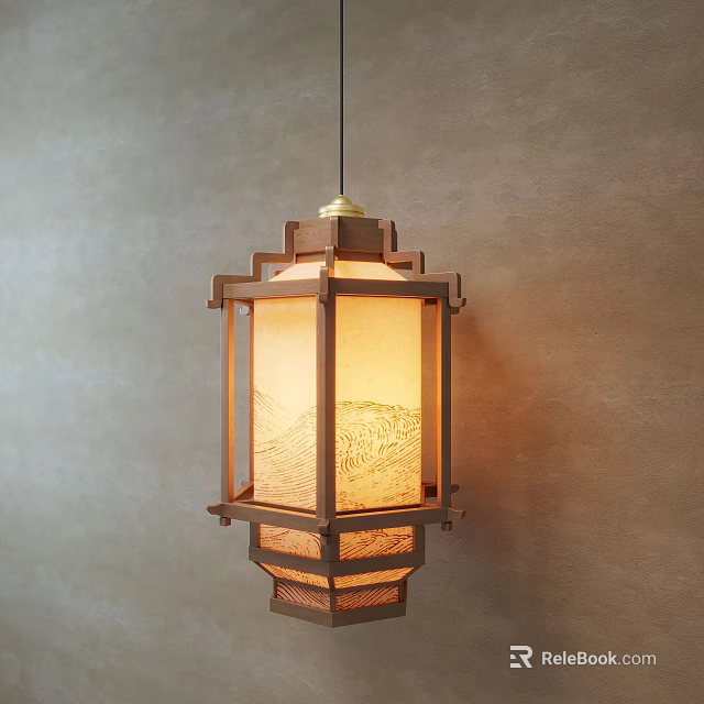 Traditional Wooden Frame Pendant Light With Textured Paper Shade For Interior Decor 3d model 