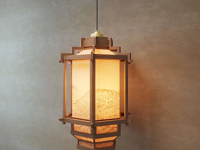 Traditional Wooden Frame Pendant Light With Textured Paper Shade For Interior Decor 3d model