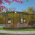 Park Landscape With Pink Flowering Trees Green Grass Stone Pathway And Wooden Pavilions