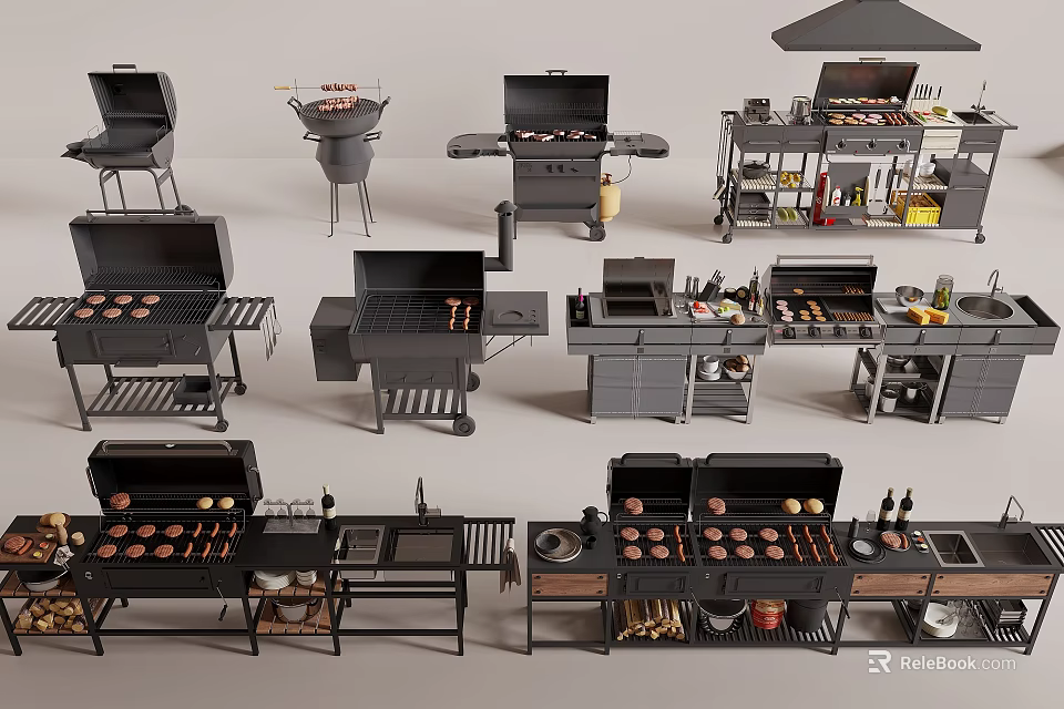 Various Outdoor Barbecue Grills And Cookware With Food Items And Storage Shelves 3d model 