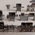 Various Outdoor Barbecue Grills And Cookware With Food Items And Storage Shelves