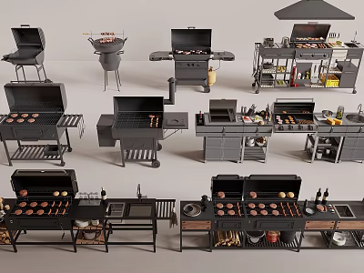 Various Outdoor Barbecue Grills And Cookware With Food Items And Storage Shelves 3d model
