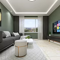 Modern Living and Dining Room Interior with Green Walls Gray Sofa and White Dining Set