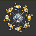 Rotating Amusement Ride Building with Central Tower MOON STAR Sign Yellow Cars and Blue Accents