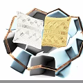 Gray Geometric and Brown Striped Pillows in Blue Gray Polygonal Basket With Brown Edge Trim