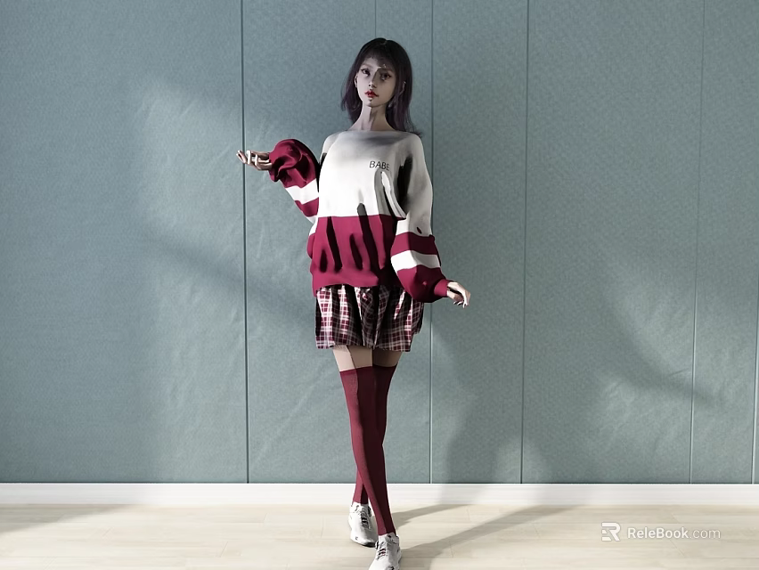 Woman Posing in Red White Sweater Plaid Skirt Burgundy Thigh High Socks Gray Wall Background 3d model 