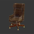 Brown Upholstered Swivel Chair with High Back Armrests and Wooden Base on Wheels