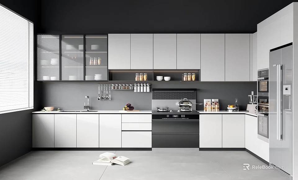 Modern Kitchen Interior Design With White Cabinets And Black Appliances 3d model