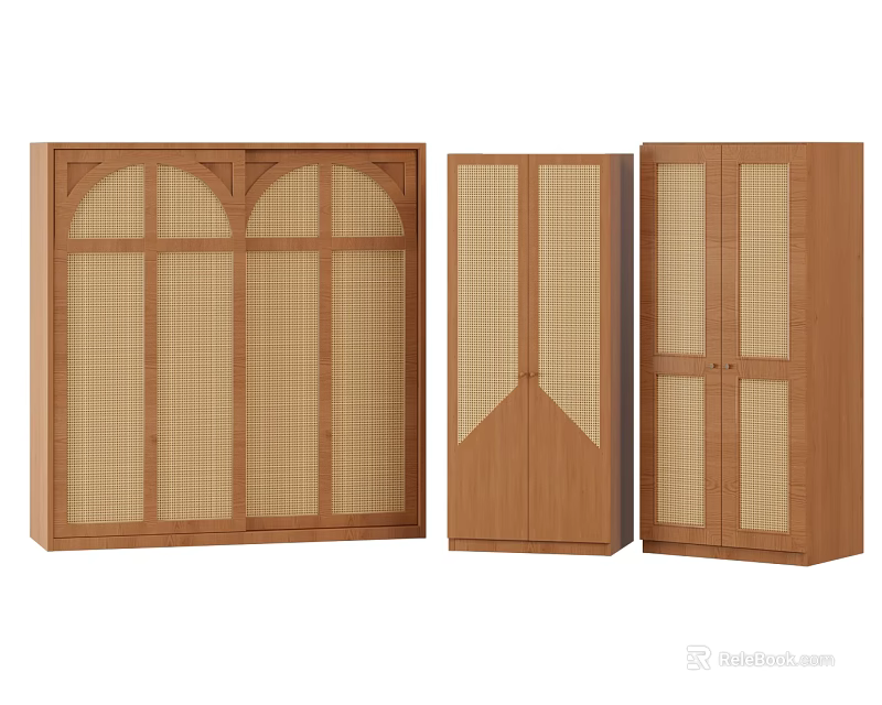 Wooden Wardrobe Designs With Rattan Panel Doors Simple Natural Style Storage Furniture 3d model 