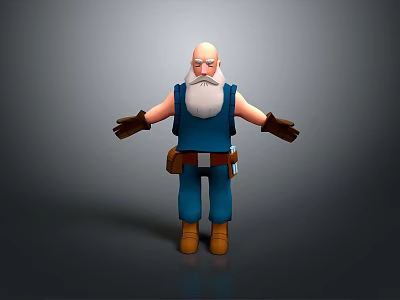 3D Elderly Human Character With White Beard Blue Vest Tool Belt And Outstretched Arms 3d model