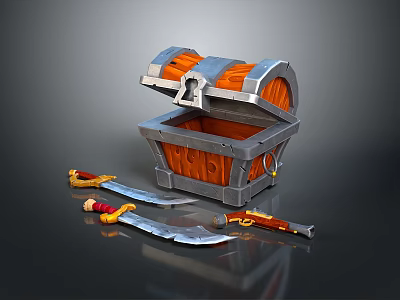 Sharp Bladed Weapons With Red Handles Lying Near Open Orange Silver Treasure Chest 3d model