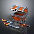 Sharp Bladed Weapons With Red Handles Lying Near Open Orange Silver Treasure Chest