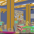 School Classroom Featuring Colorful Tables Chairs Bookshelves Alphabet Decorations And Yellow Frame Ceiling