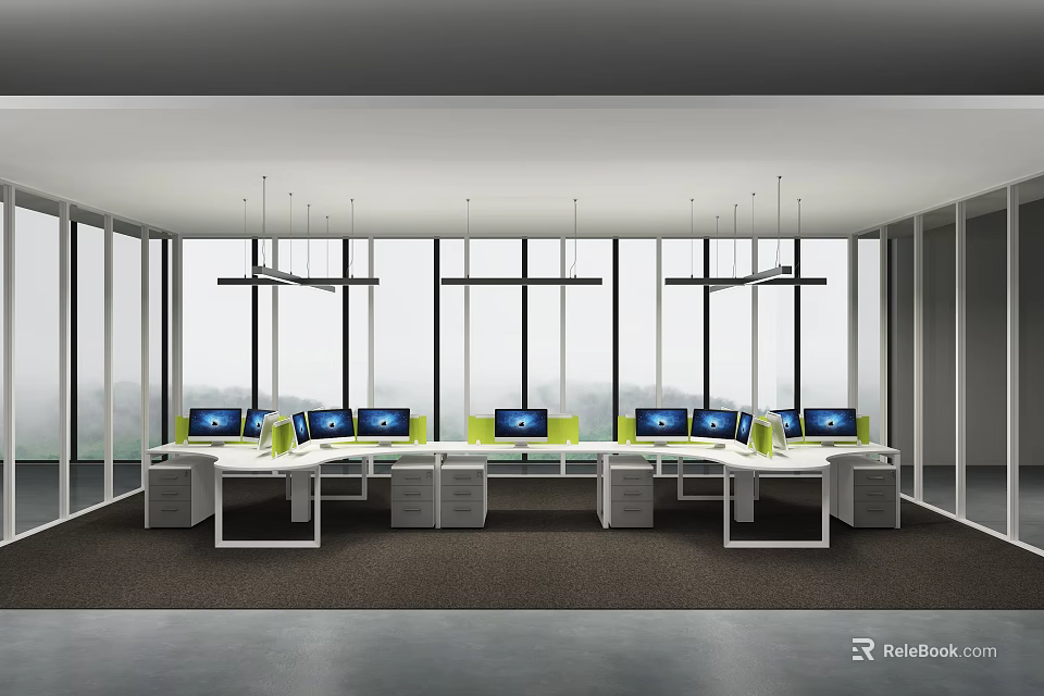 Modern Office Interior Design With Large Windows Work Desks Computers Green Chairs 3d model 