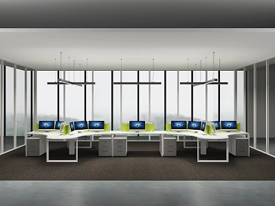 Modern Office Interior Design With Large Windows Work Desks Computers Green Chairs 3d model