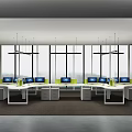 Modern Office Interior Design With Large Windows Work Desks Computers Green Chairs 3d model