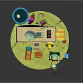 Colorful Camper Van Camping Scene With Satellite Dish Lifebuoy Deck Chair And Fishing Gear
