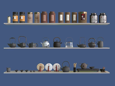 Stylish Tea Sets Collection With Teapots Teacups And Canisters On Shelves 3d model