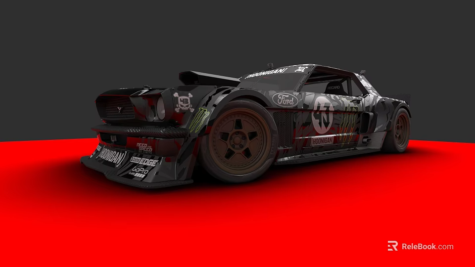 Black Modified Race Car With Wide Body Kit And Sponsor Logos On Red Background 3d model 