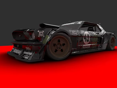 Black Modified Race Car With Wide Body Kit And Sponsor Logos On Red Background 3d model