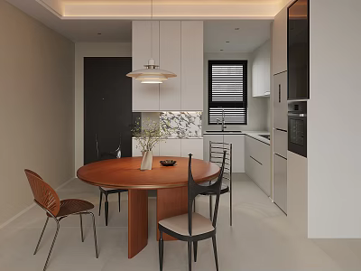 Modern Restaurant Interior With Round Dining Table Chairs Pendant Light Cabinetry And Window Blinds 3d model