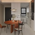 Modern Restaurant Interior With Round Dining Table Chairs Pendant Light Cabinetry And Window Blinds