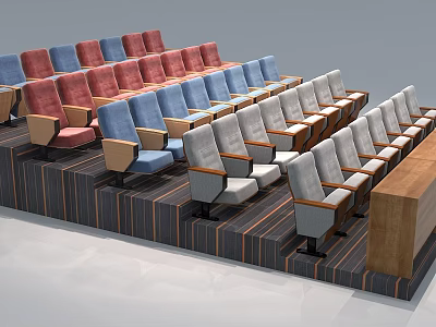 Staircase Seating In Multiple Colors Neatly Arranged With Wooden Podium In Conference Hall 3d model