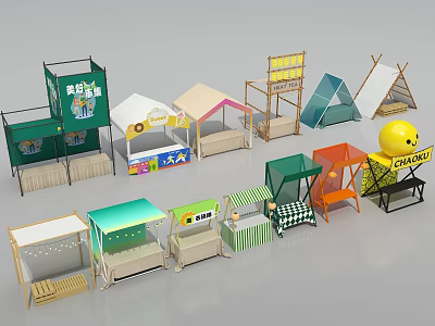 Colorful Outdoor Market Stalls With Various Designs And Vendor Booths 3d model