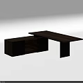 Modern Office Desk With Walnut Wood Top Black Legs And Open Storage Cabinet