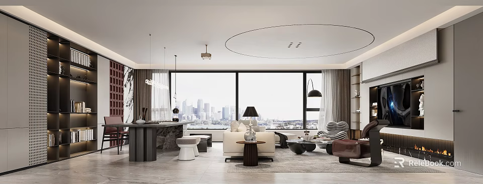 Modern Living and Dining Room Interior With Sofa Dining Table City View and Pendant Lights 3d model 