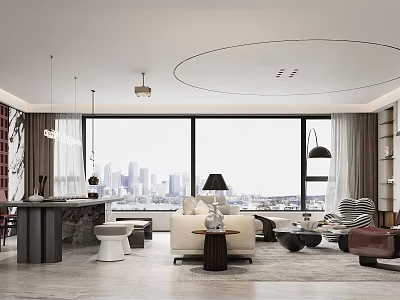 Modern Living and Dining Room Interior With Sofa Dining Table City View and Pendant Lights 3d model