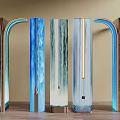 Gradient Blue Columns With Waterfall Effect Metallic Frames And Light Wall On Wooden Floor 3d model