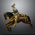 Silver Armor Knight Riding Brown Horse With Yellow Decorated Saddle Red Cushion Running Pose