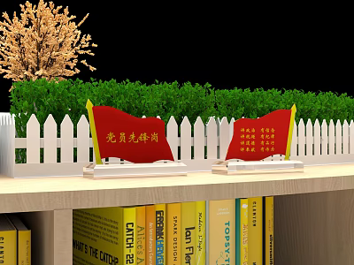 Party Member Pioneer Post Red Flags With White Picket Fence Green Plants And Bookshelf 3d model