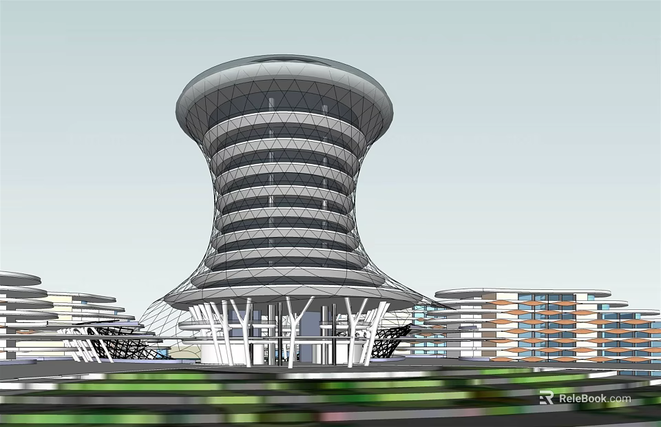 Modern Architectural Hotel Building With Spiral Tower Design And Surrounding Structures 3d model