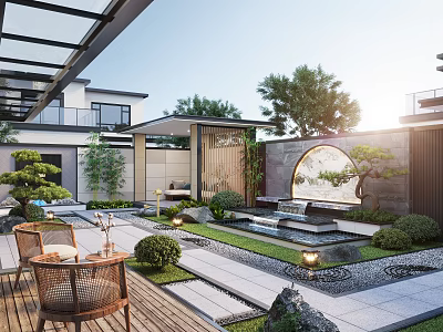 Modern Courtyard Garden Featuring Glass Roof Wooden Deck Wicker Chairs Greenery Rockery And Circular Arch 3d model