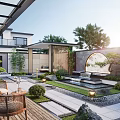 Modern Courtyard Garden Featuring Glass Roof Wooden Deck Wicker Chairs Greenery Rockery And Circular Arch