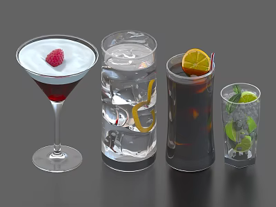 Different Types of Refreshing Beverages in Various Glasses with Ice and Fruit Garnishes 3d model