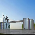 Modern Entrance Gate with Glass Panels Colorful Stripes Metal Frame and Surrounding Trees