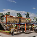 Two Story Container Cafe With Outdoor Seating Green Umbrellas Trees And Illuminated Lighting