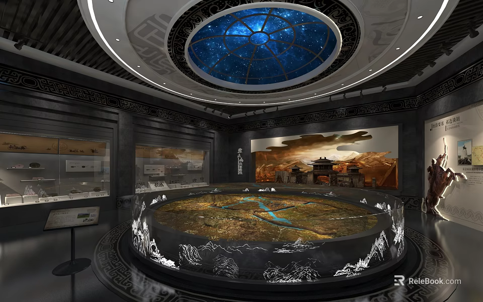 Historical Map Model Display In Circular Platform With Glass Enclosure And Starry Ceiling 3d model 